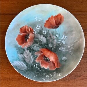 Vintage Plate with Coral Poppy Bouquet on Teal Background hand painted